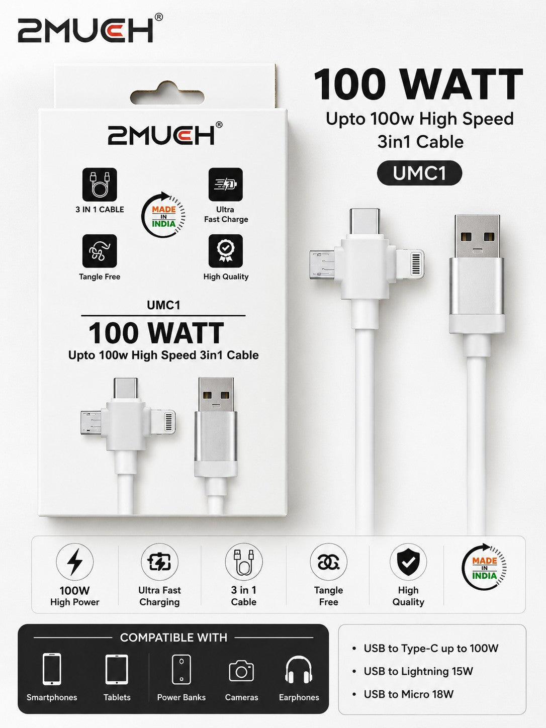 2MUCH UMC1 100W 3-in-1 Fast Charging Cable with Type-C, Lightning & Micro USB Support