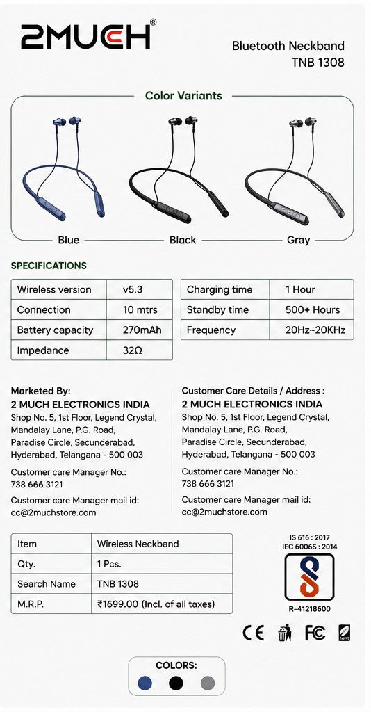 2MUCH TNB 1308 Bluetooth Neckband Earphones with 3D Surround Sound & 40H Talktime