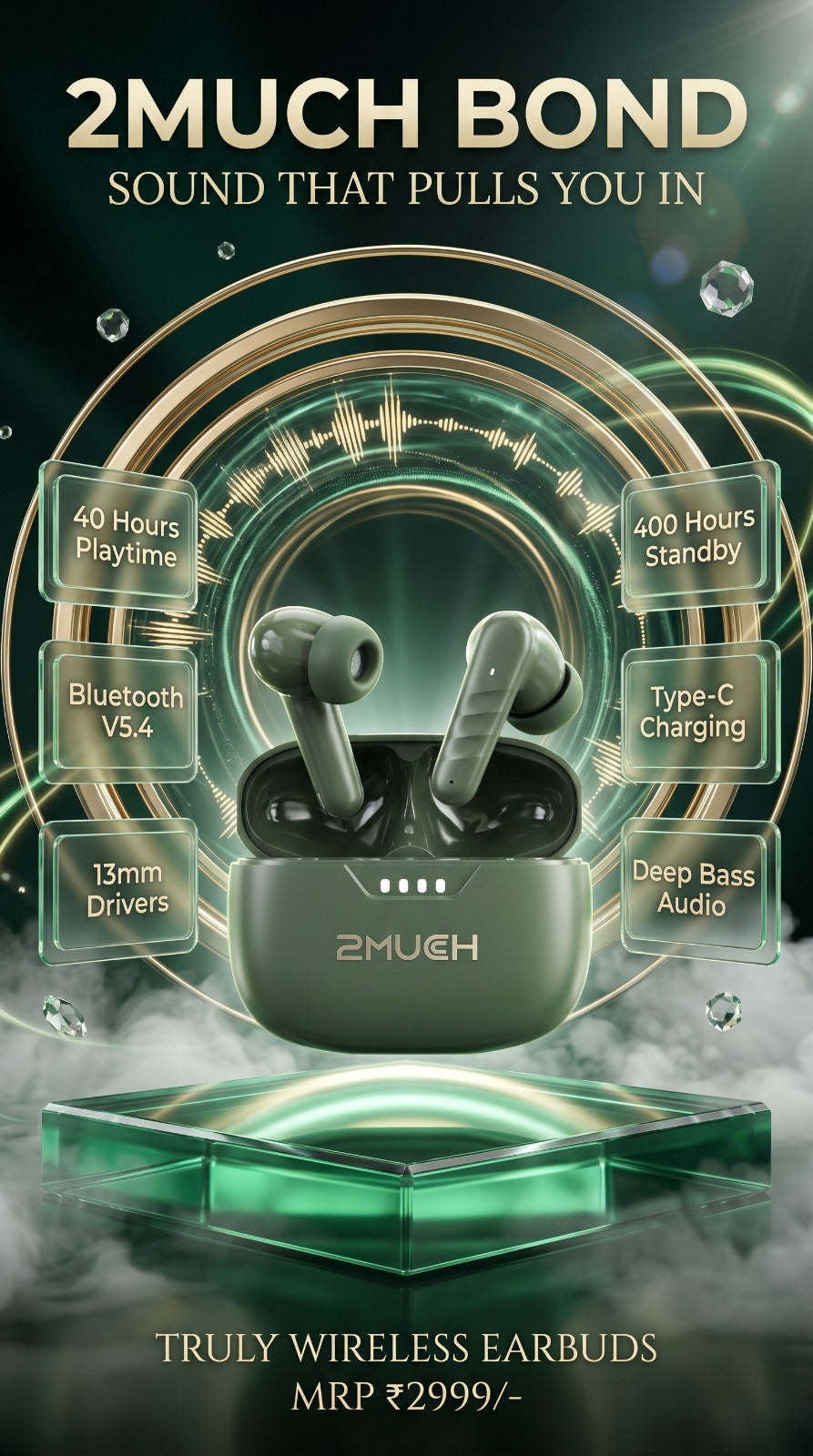 2MUCH Bond True Wireless Earbuds | Bluetooth 5.4 | 40H Playtime | Deep Bass Audio