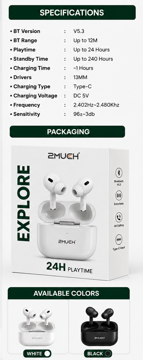 2MUCH EXPLORE TWS β 24H Playtime | Deep Bass | Bluetooth V5.3 | Type-C Charging