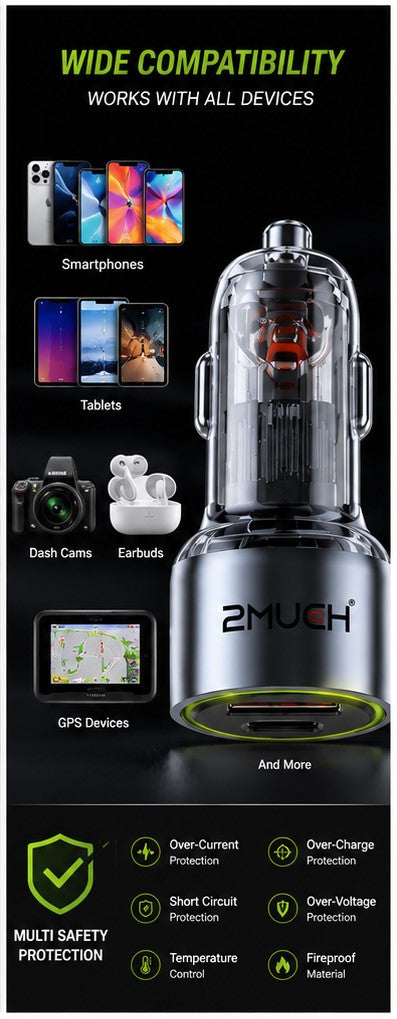 2MUCH Spot-On 100W QC+PD Dual Port Fast Car Charger with Type-C Cable