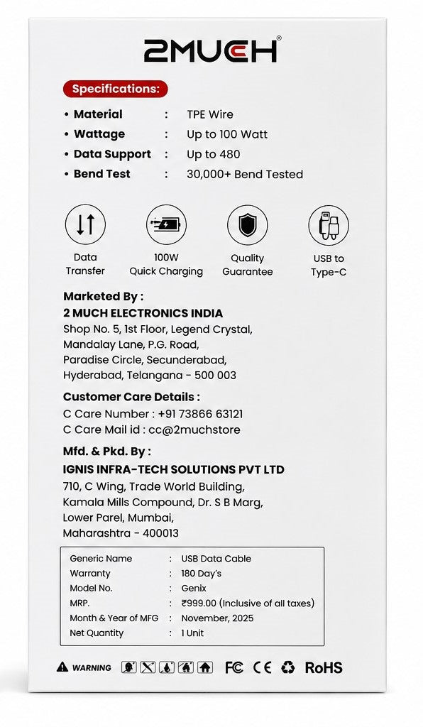2Much Genix 100W Type-C Fast Charging Data Cable (5 Pc Pack)