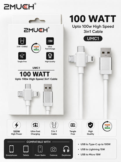 2MUCH UMC1 100W 3-in-1 Fast Charging Cable with Type-C, Lightning & Micro USB Support