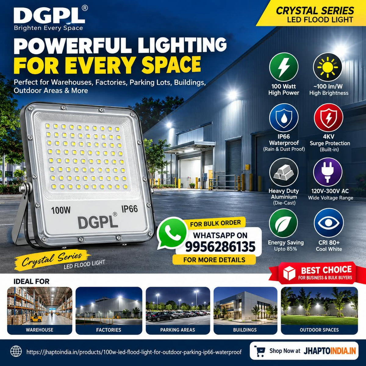 100W LED Flood Light for Outdoor & Parking | IP66 Waterproof | 10 Pcs Pack