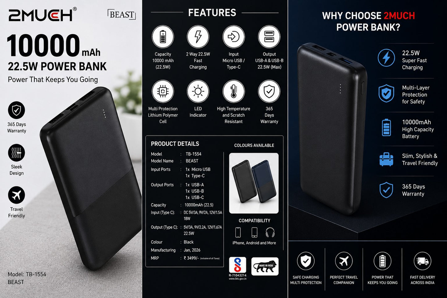 2Much Beast TB-1554 10000mAh 22.5W Fast Charging Power Bank