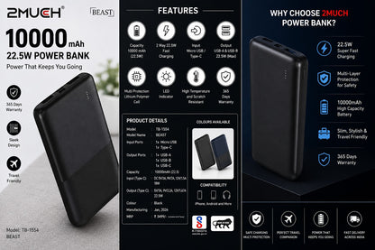 2Much Beast TB-1554 10000mAh 22.5W Fast Charging Power Bank