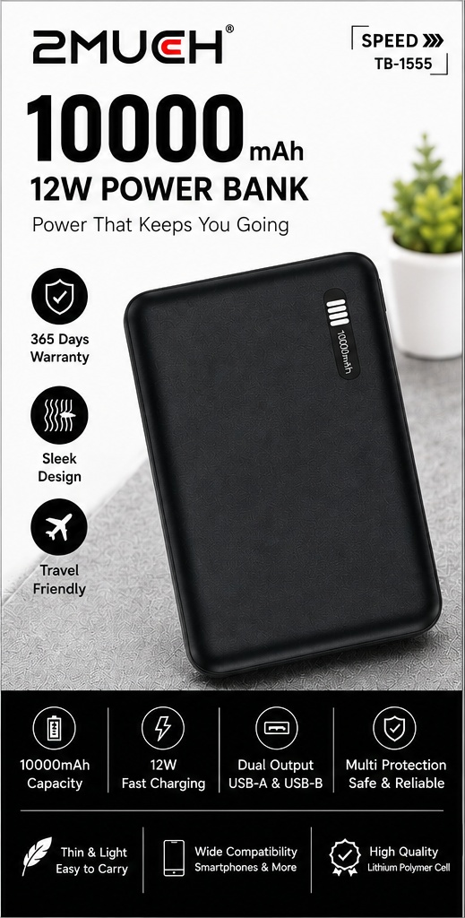 2Much Speed TB-1555 10000mAh 12W Fast Charging Power Bank with Dual Output