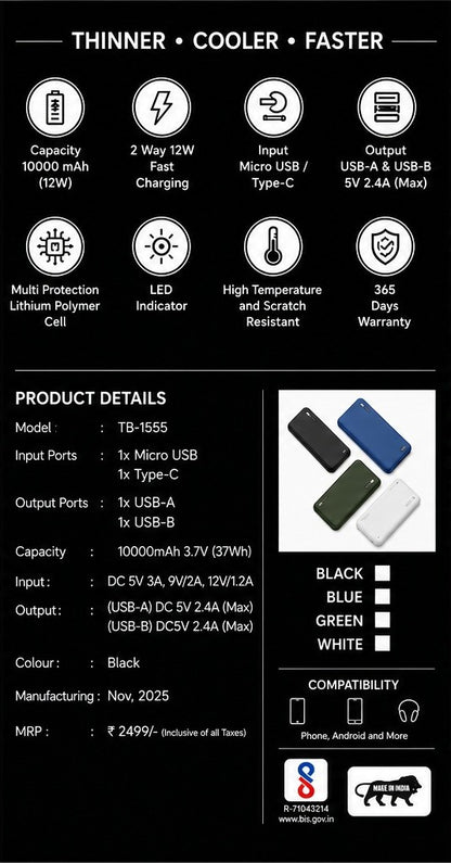 2Much Speed TB-1555 10000mAh 12W Fast Charging Power Bank with Dual Output