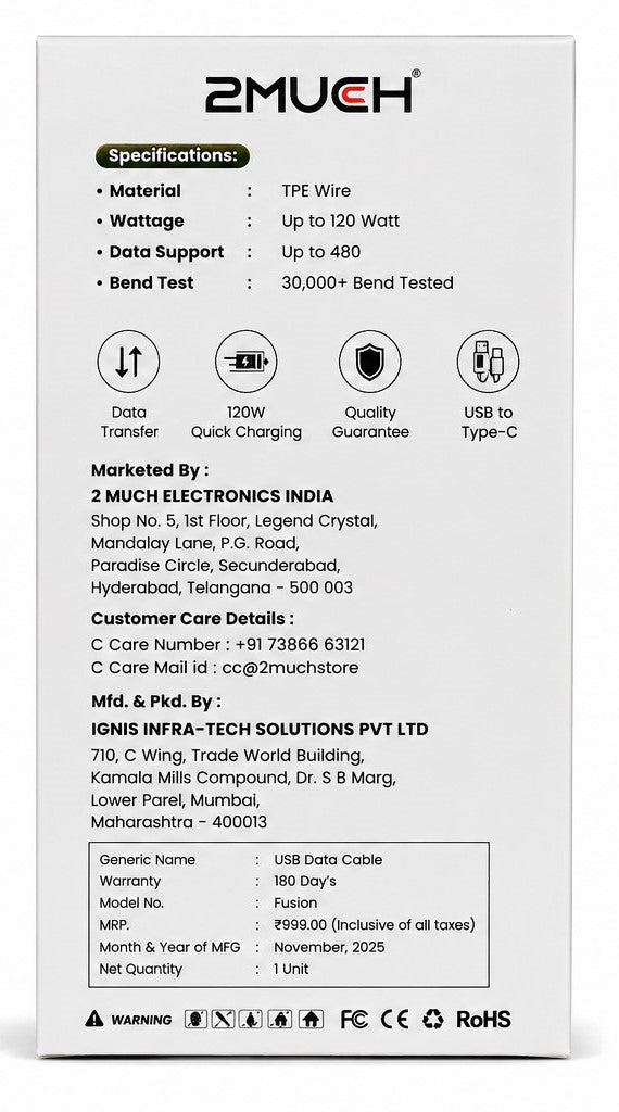 2Much Fusion 120W Type-C Fast Charging Data Cable (5 Pcs Pack)
