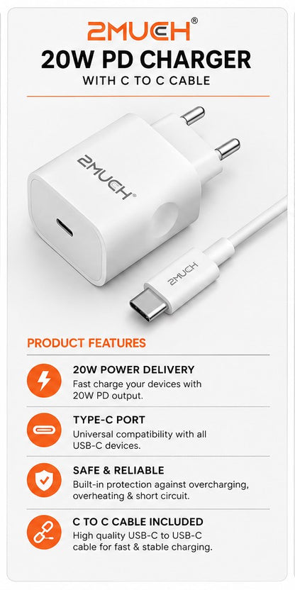 2MUCH A-20 20W PD Fast Charger with USB-C to USB-C Cable