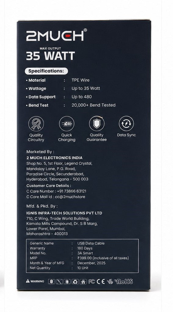 2Much 3A Smart 35W Type-C Fast Charging Data Cable (10 Pc Pack)