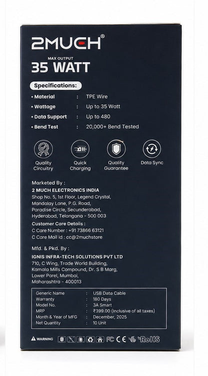 2Much 3A Smart 35W Type-C Fast Charging Data Cable (10 Pc Pack)