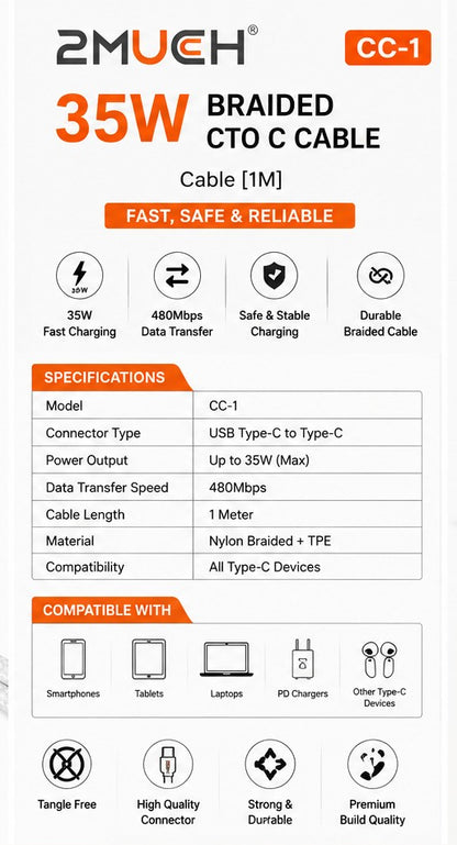 2MUCH CC-1 35W Braided USB Type-C to Type-C Fast Charging Cable (1 Meter)