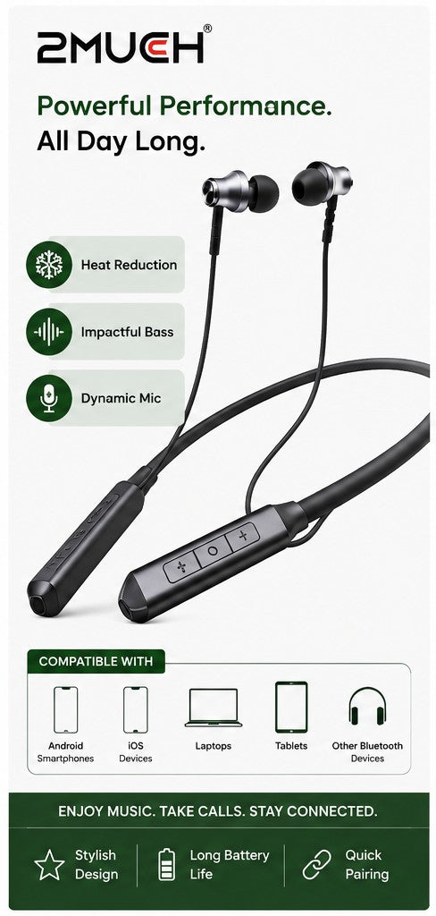 2MUCH TNB 1308 Bluetooth Neckband Earphones with 3D Surround Sound & 40H Talktime