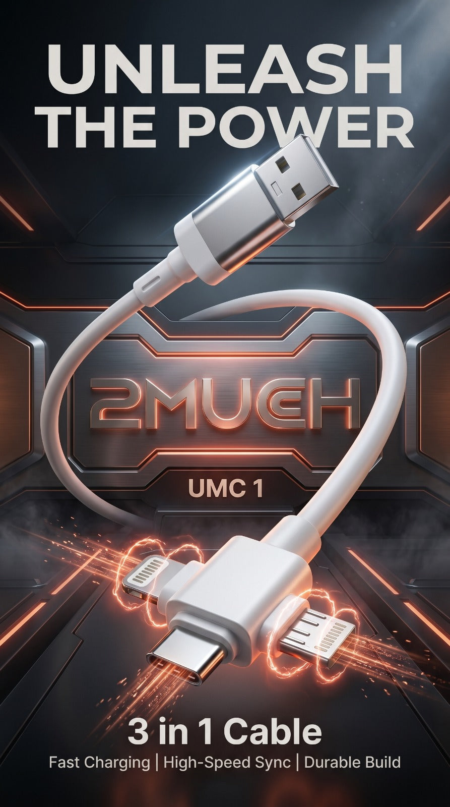2MUCH UMC1 100W 3-in-1 Fast Charging Cable with Type-C, Lightning & Micro USB Support