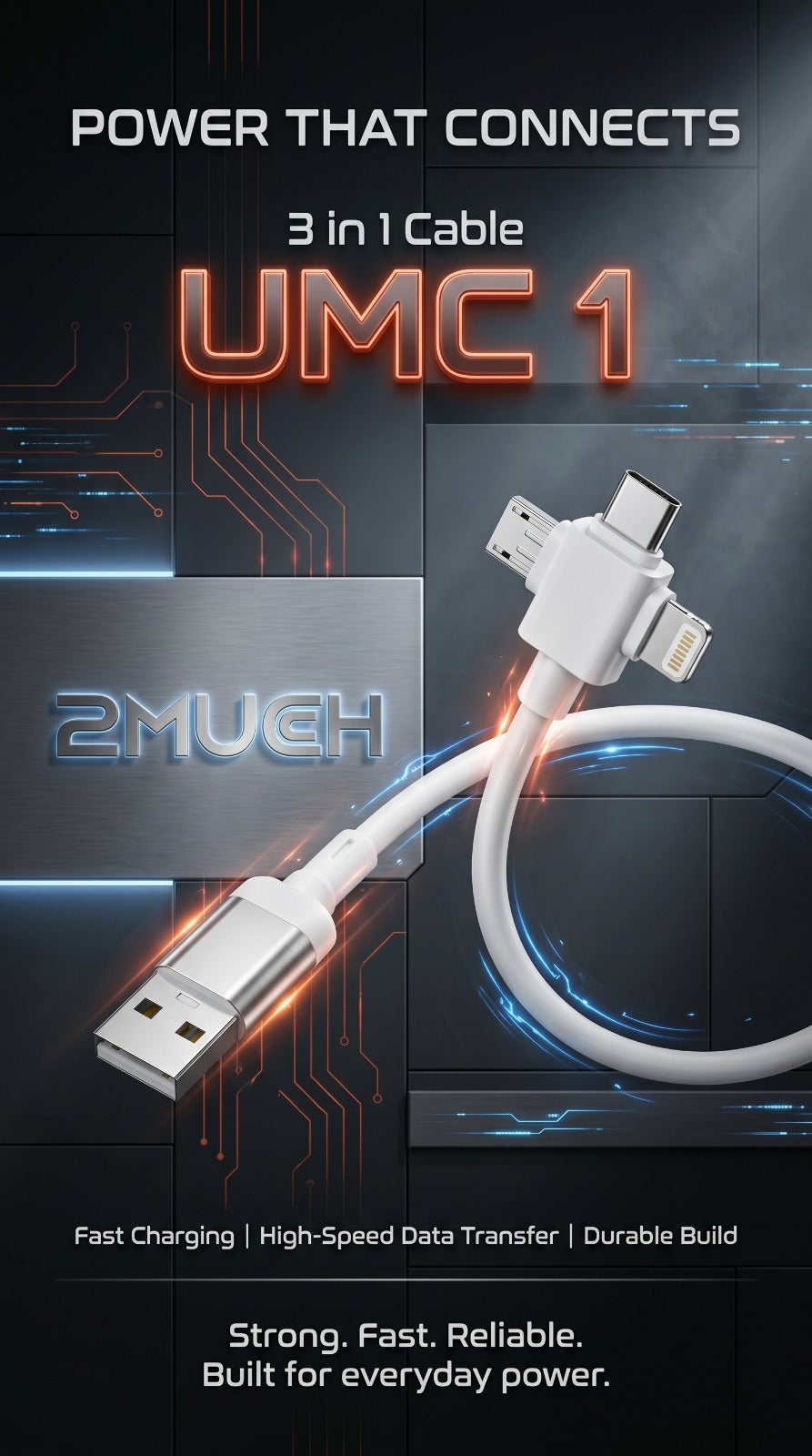 2MUCH UMC1 100W 3-in-1 Fast Charging Cable with Type-C, Lightning & Micro USB Support