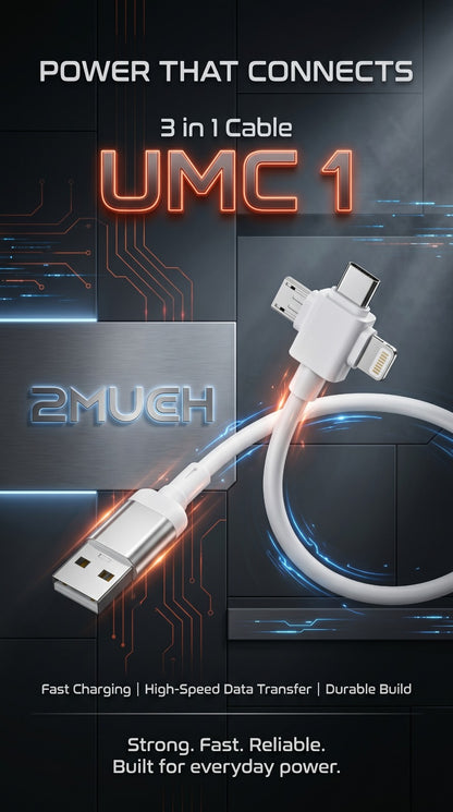 2MUCH UMC1 100W 3-in-1 Fast Charging Cable with Type-C, Lightning & Micro USB Support