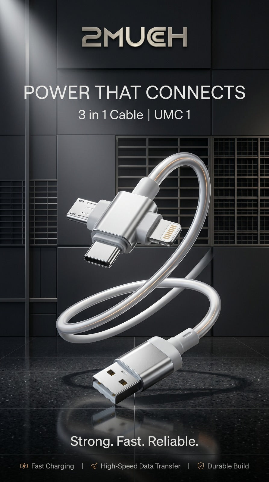 2MUCH UMC1 100W 3-in-1 Fast Charging Cable with Type-C, Lightning & Micro USB Support