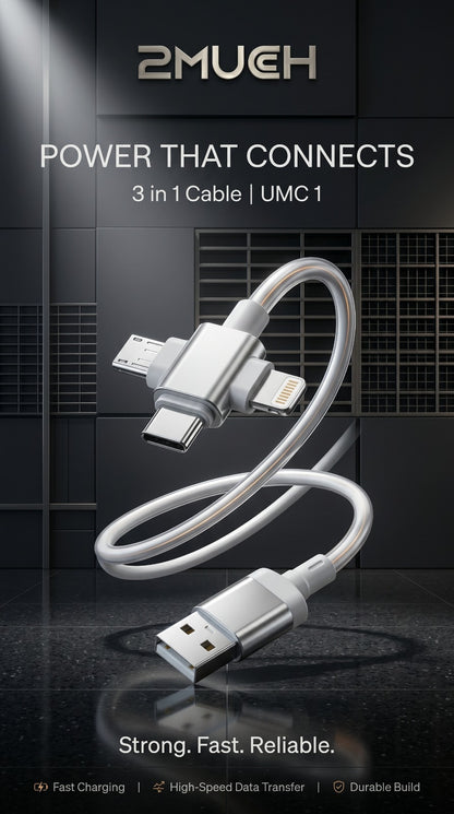 2MUCH UMC1 100W 3-in-1 Fast Charging Cable with Type-C, Lightning & Micro USB Support