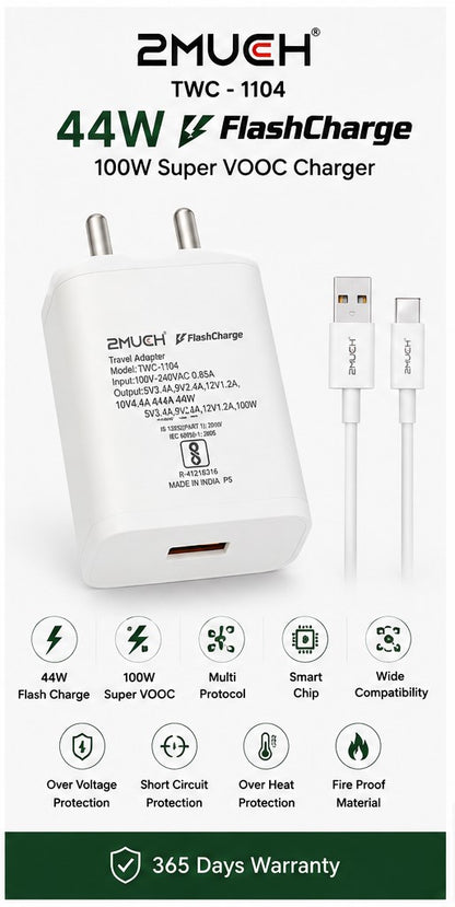 2MUCH 44W FlashCharge Fast Charger TWC-1104 | 100W Super VOOC Support