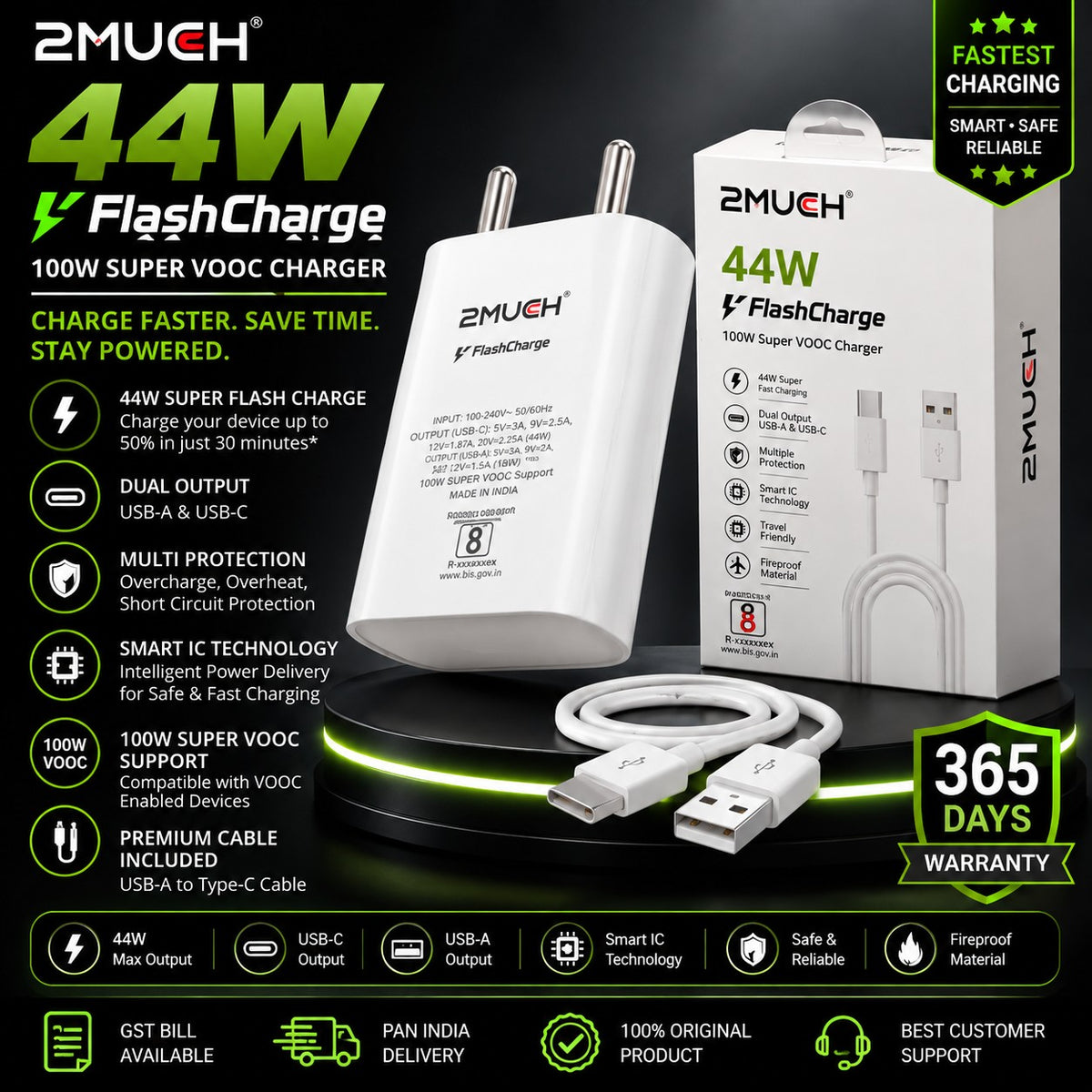 2MUCH 44W FlashCharge Fast Charger TWC-1104 | 100W Super VOOC Support