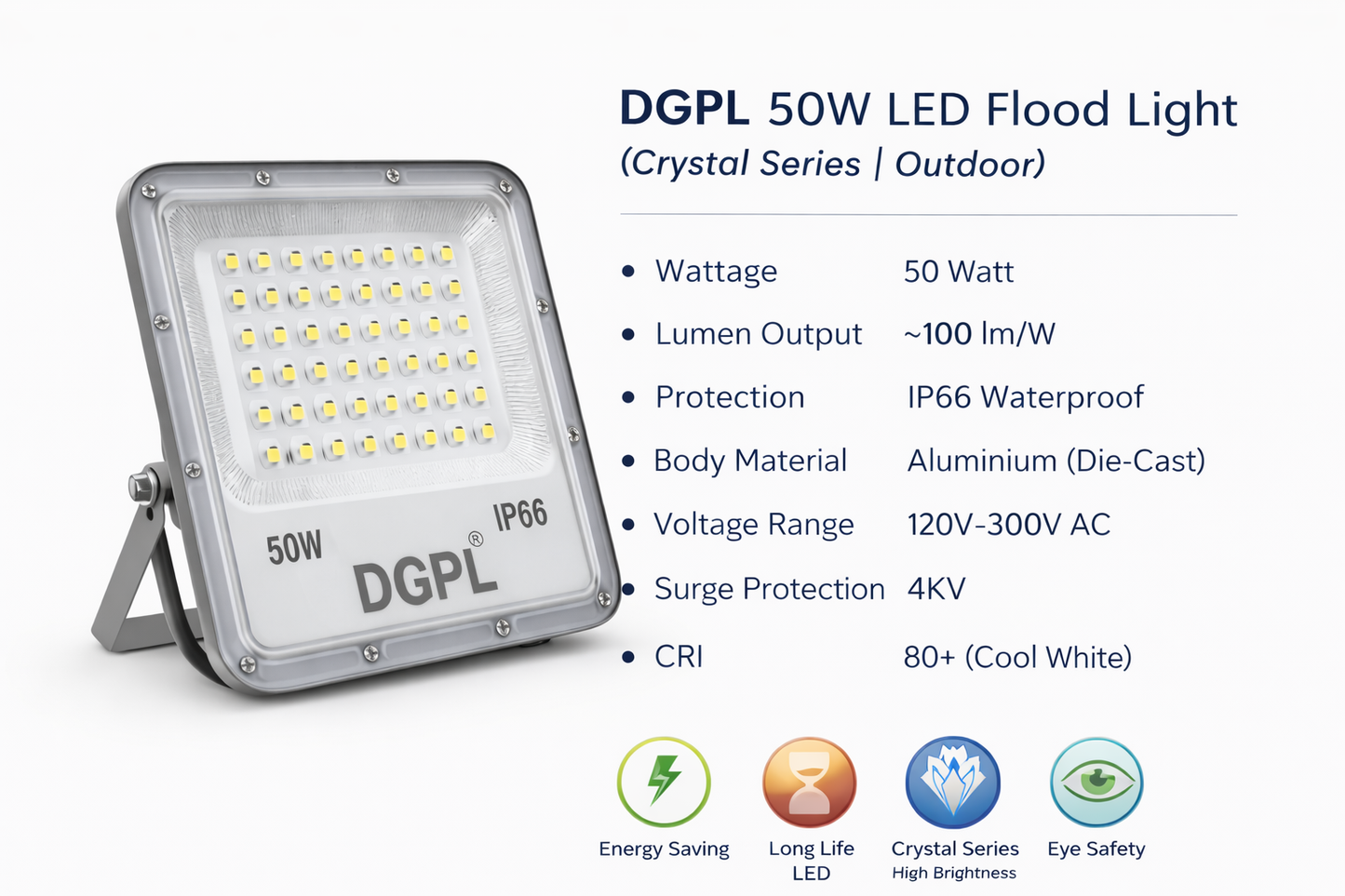 50W LED Flood Light for Outdoor & Parking | IP66 Waterproof