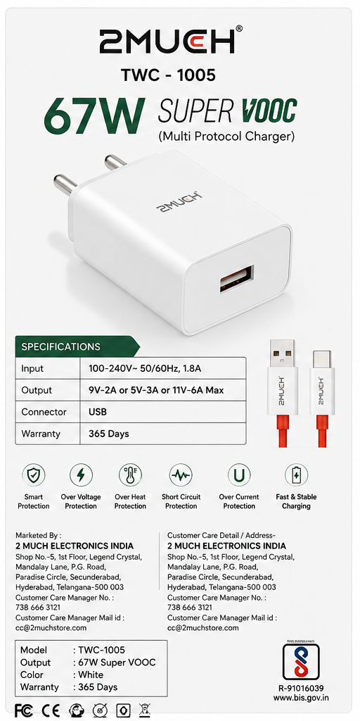 2MUCH 67W Super VOOC Fast Charger TWC-1005 | USB Fast Charging Adapter