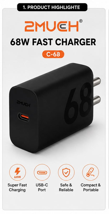 2MUCH 68W Fast Charger C-68 USB-C Super Fast Charging Adapter
