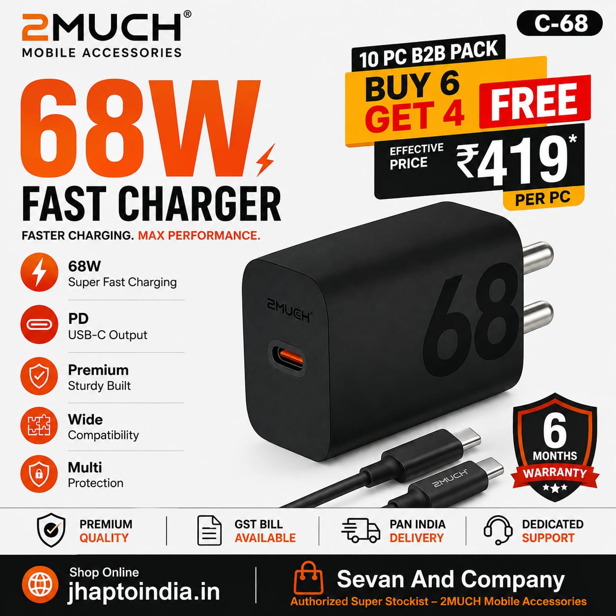 2MUCH 68W Fast Charger C-68 USB-C Super Fast Charging Adapter