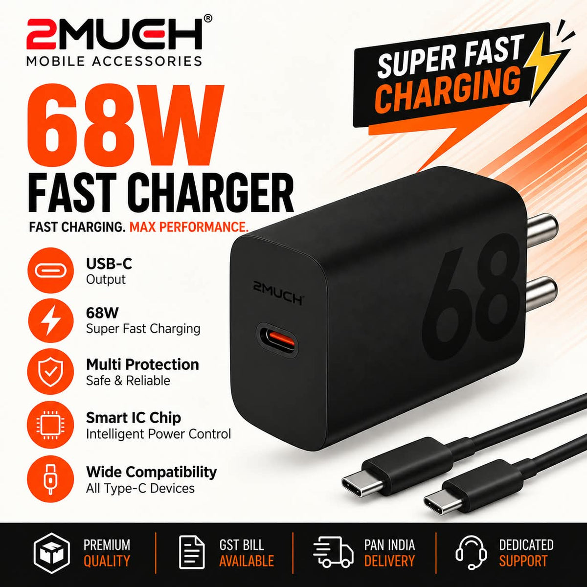 2MUCH 68W Fast Charger C-68 USB-C Super Fast Charging Adapter