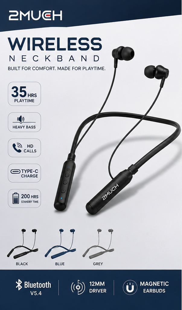 2MUCH ACTIVE Wireless Neckband – 35H Playtime | Deep Bass | Bluetooth 5.4 | Type-C Charging