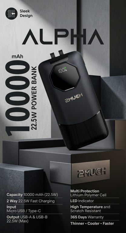 2Much Alpha 10000mAh 22.5W Fast Charging Power Bank with LED Display & Built-in Cable