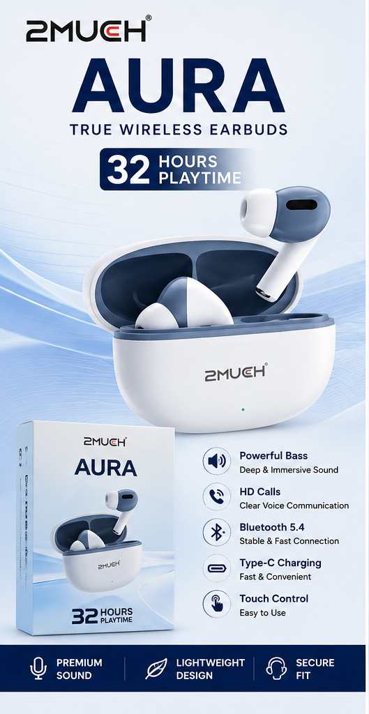 2MUCH AURA TWS – 32H Playtime | Deep Bass | Type-C Charging