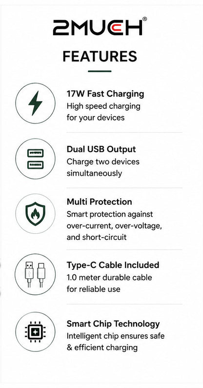 2Much BOOST-2 17W Dual USB Charger with Type-C Cable (10 Pc Pack)