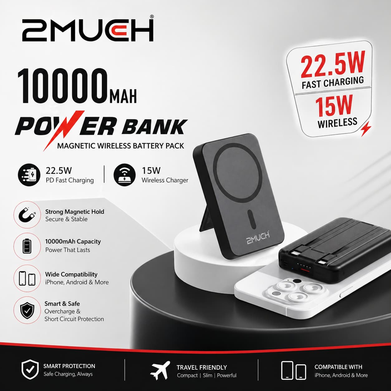 2MUCH 10000mAh Magnetic Wireless Power Bank – 22.5W Fast Charging | 15W Wireless Output