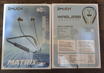 2Much Matrix Star Wireless Neckband | 60H Playtime | Bluetooth 5.4 | Magnetic Earbuds | Type-C Fast Charging