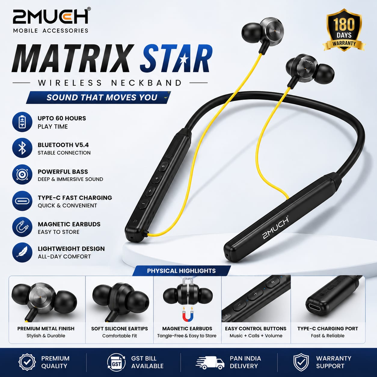 2Much Matrix Star Wireless Neckband | 60H Playtime | Bluetooth 5.4 | Magnetic Earbuds | Type-C Fast Charging