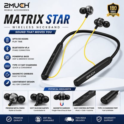2Much Matrix Star Wireless Neckband | 60H Playtime | Bluetooth 5.4 | Magnetic Earbuds | Type-C Fast Charging