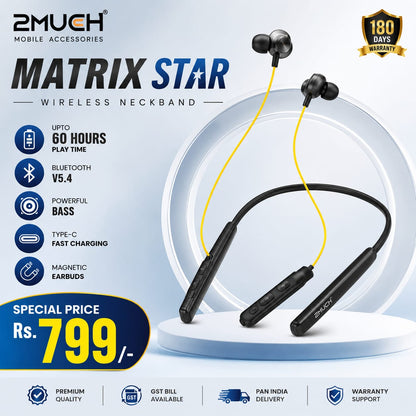 2Much Matrix Star Wireless Neckband | 60H Playtime | Bluetooth 5.4 | Magnetic Earbuds | Type-C Fast Charging