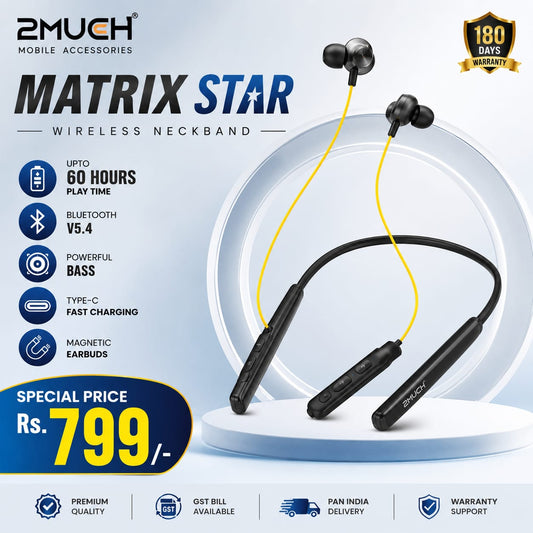 2Much Matrix Star Wireless Neckband | 60H Playtime | Bluetooth 5.4 | Magnetic Earbuds | Type-C Fast Charging