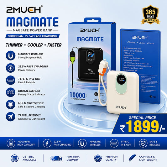2Much MagMate 10000mAh MagSafe Wireless Power Bank with 22.5W Fast Charging, Digital Display and Built-in Type-C & Lightning Cables