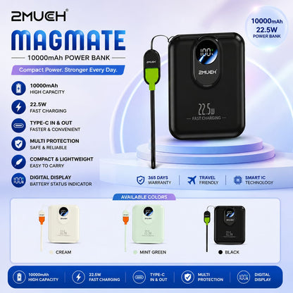 2Much MagMate 10000mAh MagSafe Power Bank | 22.5W Fast Charging | Wireless Magnetic Charging | Type-C & Lightning Built-in Cable