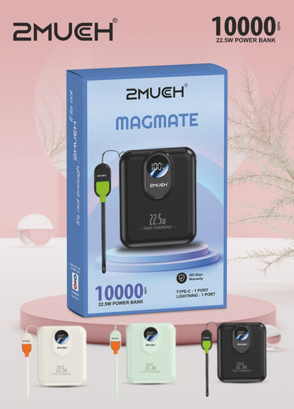 2Much MagMate 10000mAh MagSafe Power Bank | 22.5W Fast Charging | Wireless Magnetic Charging | Type-C & Lightning Built-in Cable
