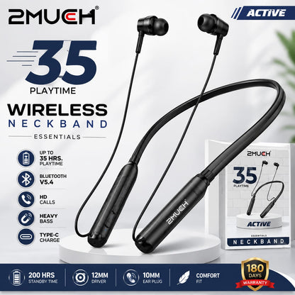 2MUCH ACTIVE Wireless Neckband – 35H Playtime | Deep Bass | Bluetooth 5.4 | Type-C Charging