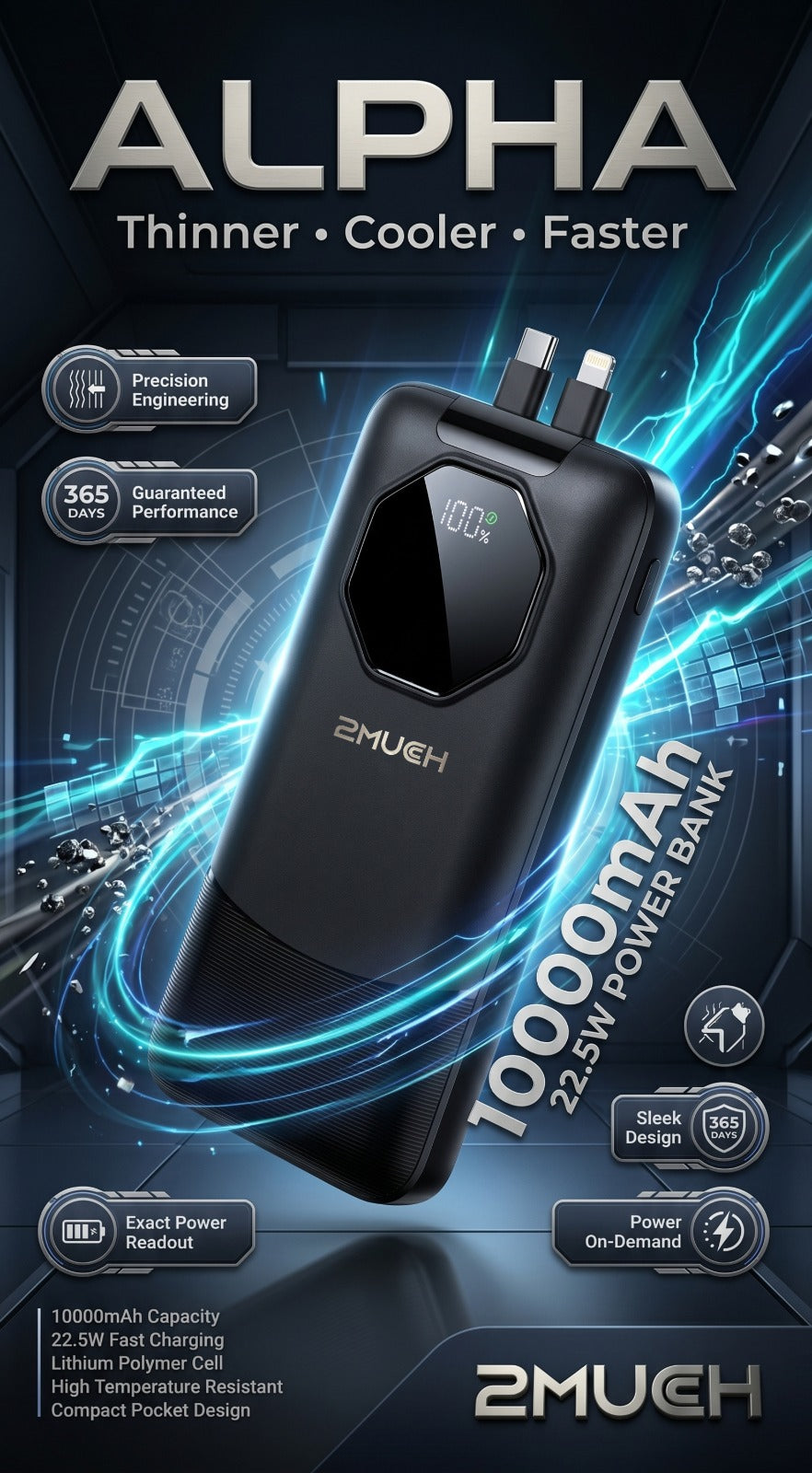 2Much Alpha 10000mAh 22.5W Fast Charging Power Bank with LED Display & Built-in Cable