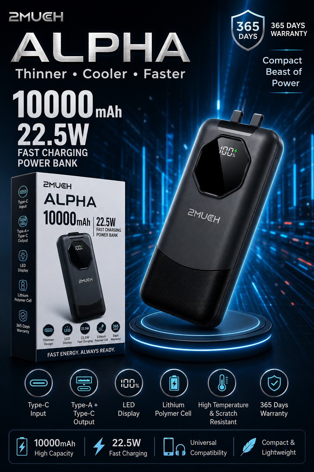 2Much Alpha 10000mAh 22.5W Fast Charging Power Bank with LED Display & Built-in Cable
