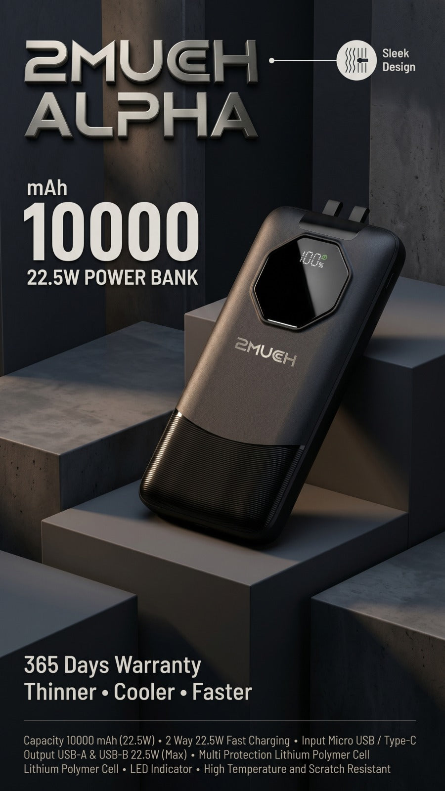 2Much Alpha 10000mAh 22.5W Fast Charging Power Bank with LED Display & Built-in Cable