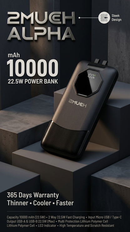 2Much Alpha 10000mAh 22.5W Fast Charging Power Bank with LED Display & Built-in Cable