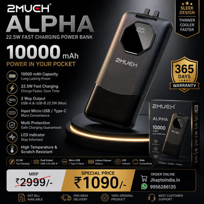2Much Alpha 10000mAh 22.5W Fast Charging Power Bank with LED Display & Built-in Cable