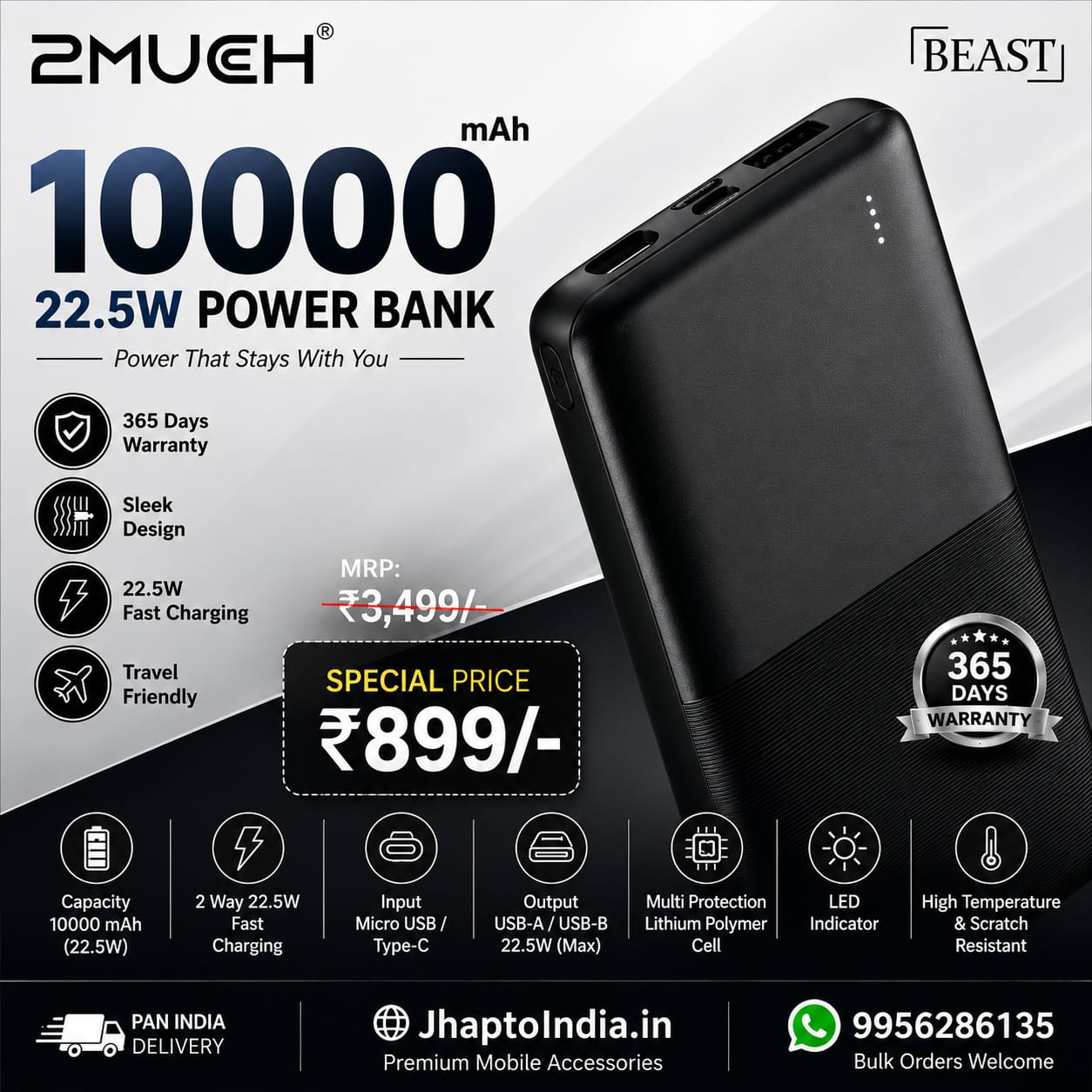 2Much Beast TB-1554 10000mAh 22.5W Fast Charging Power Bank